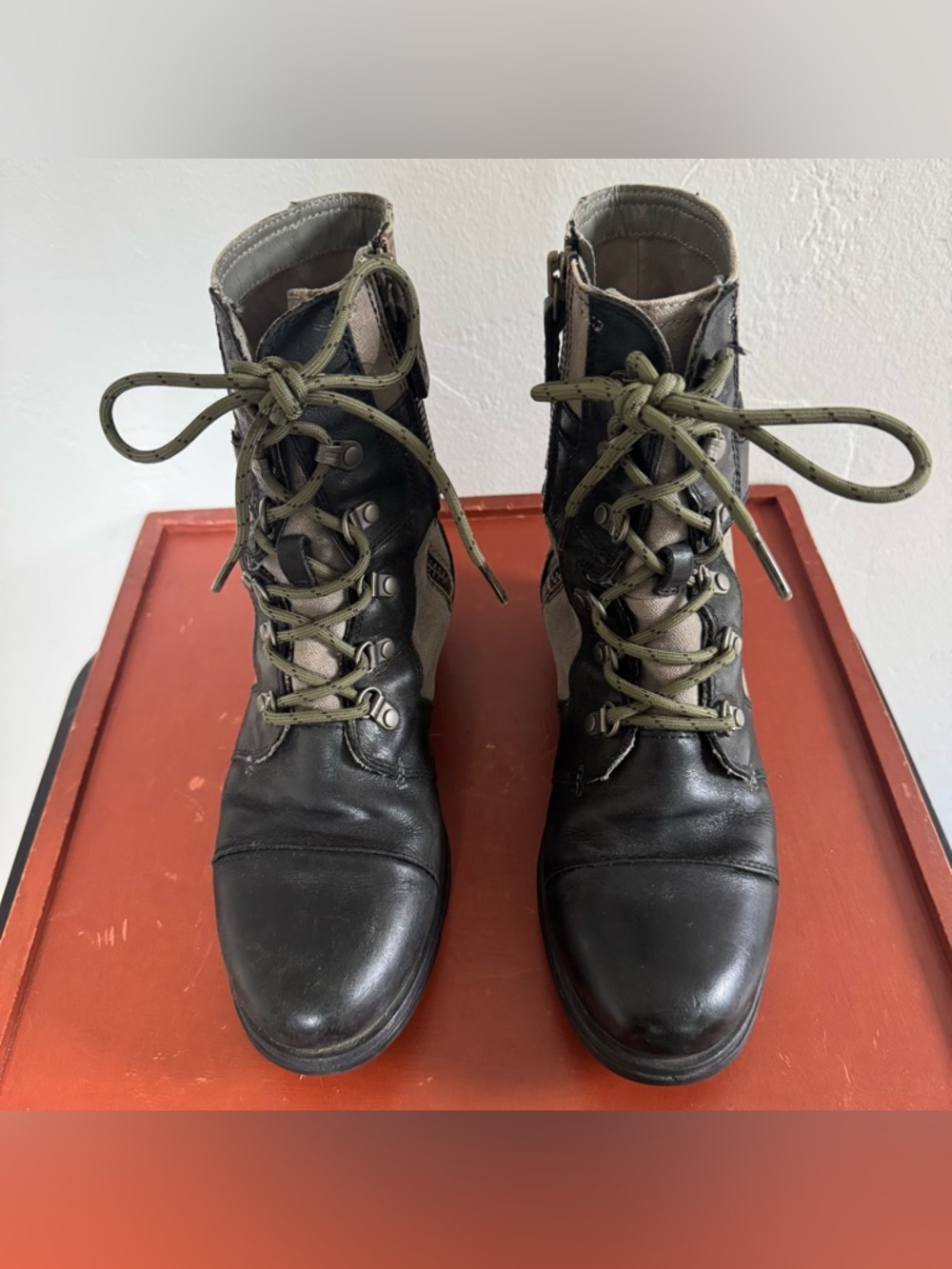 Sorel Major Carly Snow Combat Boots Leather Canvas Mid Calf Lace Up Sand Black - Picture 8 of 12